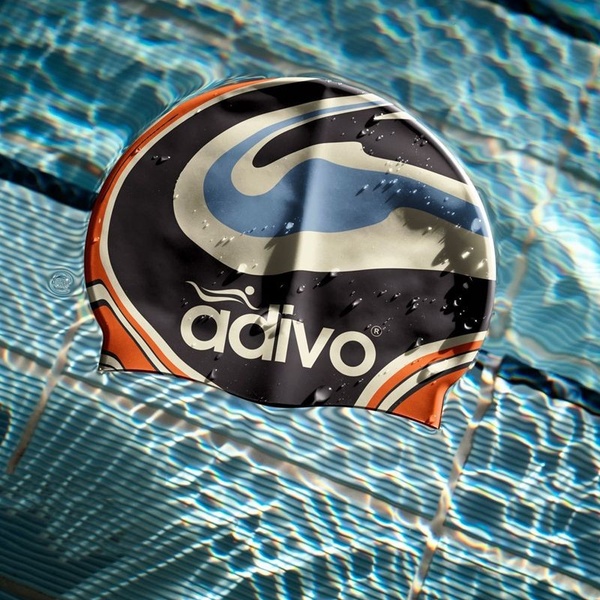 swim cap, swimming cap, silicone swim cap, pool cap, water sports cap, brand awareness, lifestyle, calm, fresh, blue, orange, neutral
